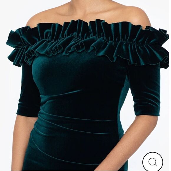 Xscape "TIFFANY" LONG VELVET 3/4 SLEEVE RUFFLE TOP DRESS - Picture 3 of 6